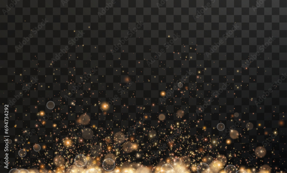 Bokeh light lights effect background. Gold dust PNG. Christmas background of shining dust Christmas glowing bokeh confetti and spark overlay texture for your design.	