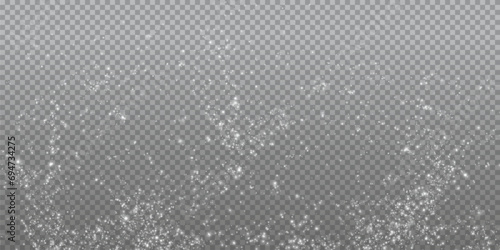 White png dust light. Christmas background of shining dust Christmas glowing light bokeh confetti and spark overlay texture for your design.	