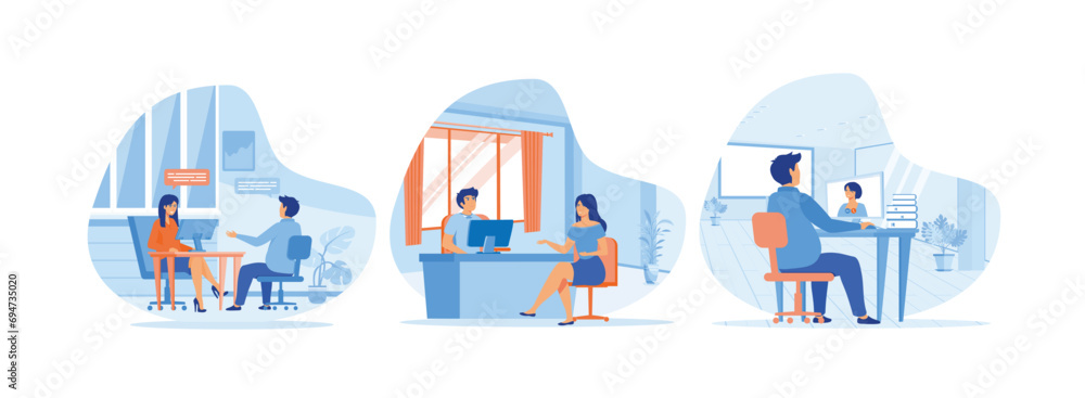 Job interview, Woman having a job interview with Businessman HR, Man talking to a young woman. set flat vector modern illustration  
