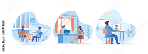 Job interview, Woman having a job interview with Businessman HR, Man talking to a young woman. set flat vector modern illustration   photo