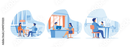 Job interview, Woman having a job interview with Businessman HR, Man talking to a young woman. set flat vector modern illustration  