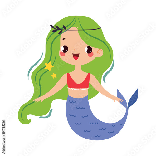 Mermaid Girl with Fish Tail and Green Hair as Fairy Tale Character Vector Illustration
