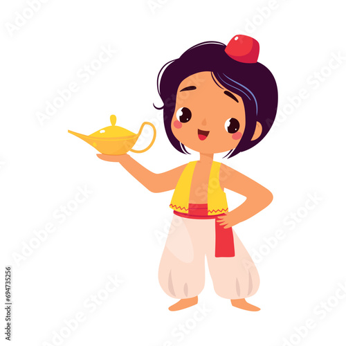 Aladdin Boy with Magic Lamp as Fairy Tale Character Vector Illustration