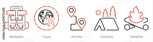 A set of 5 Adventure icons as backpack, travel, journey