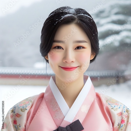 Wallpaper Mural A Korean woman wearing a hanbok and smiling politely in a snowy landscape Torontodigital.ca