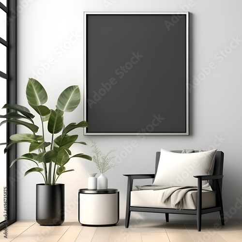 the layout of a square frame in a modern minimalist interior with a plant on a white wall background © Elen