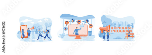 megaphones to refer a friend, People share information with affiliate referrals and making money, Friend sharing refer.  Job referral set flat vector modern illustration 