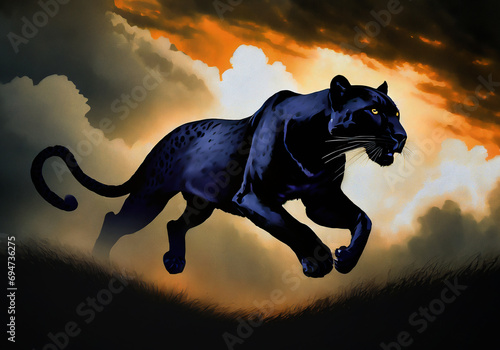 realistic illustration of running black panther with dark background and dramatic sky