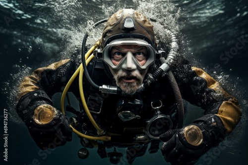 Adventurous Portrait male scuba diver under the water. Exploring underwater world in diving equipment. Generate ai