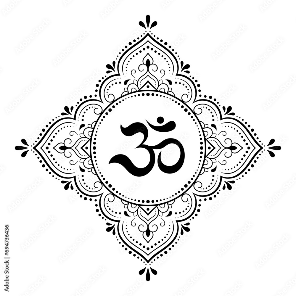 Circular pattern in form of mandala for with flower Henna, Mehndi, tattoo, decoration. Decorative ornament in oriental style with ancient Hindu mantra OM. Outline doodle vector illustration.