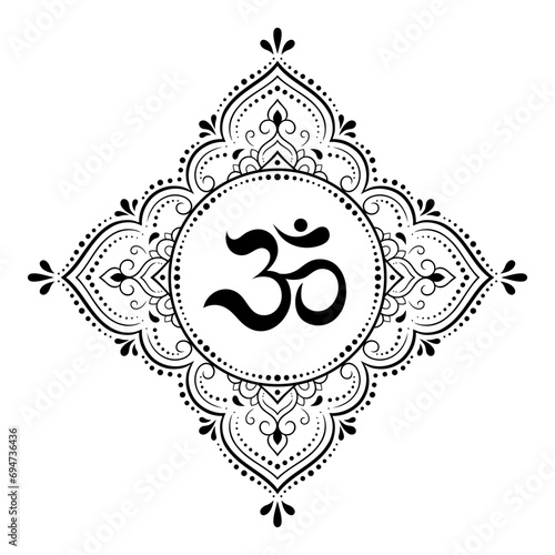 Circular pattern in form of mandala for with flower Henna, Mehndi, tattoo, decoration. Decorative ornament in oriental style with ancient Hindu mantra OM. Outline doodle vector illustration.