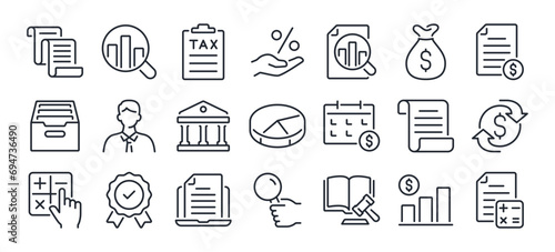 Accounting, audit, financial report editable stroke outline icons set isolated on white background flat vector illustration. Pixel perfect. 64 x 64.