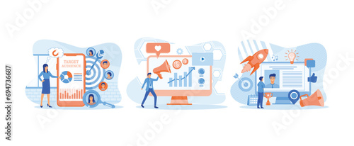 Tiny woman set up advertise on social networks in smart phone app. Internet based PR strategy.Social network media communication and promotion. Digital marketing set flat vector modern illustration