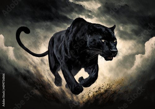 realistic illustration of running black panther with dark background and dramatic sky