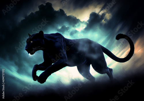 realistic illustration of running black panther with dark background and dramatic sky © ANTONIUS