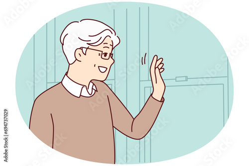 Smiling mature man look in mirror waving. Happy elderly grandfather greeting with someone from indoors. Vector illustration.