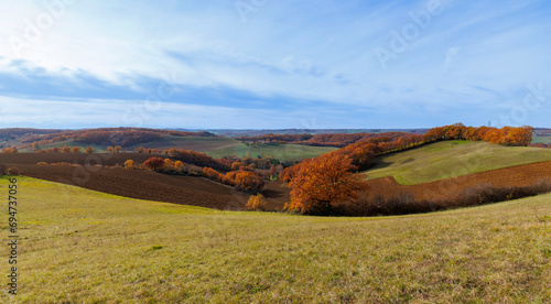 Paysage de forêt et de prairie du Gers aux couleurs d'automne