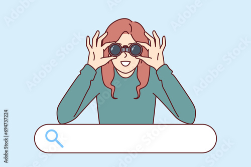 Woman is looking for necessary information standing over search bar and using binoculars. Concept of search in digital space or detective investigation to clarify circumstances of crimes