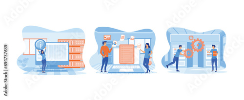 management information system. analyzing document management. Big data job. Data management set flat vector modern illustration 