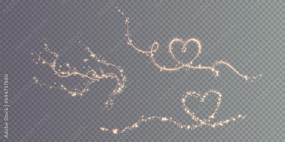 Heart gold with flashes isolated on transparent background. Light heart for holiday cards, banners, invitations. Heart-shaped gold wire glow. PNG vector