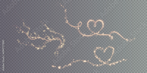 Heart gold with flashes isolated on transparent background. Light heart for holiday cards, banners, invitations. Heart-shaped gold wire glow. PNG vector	
