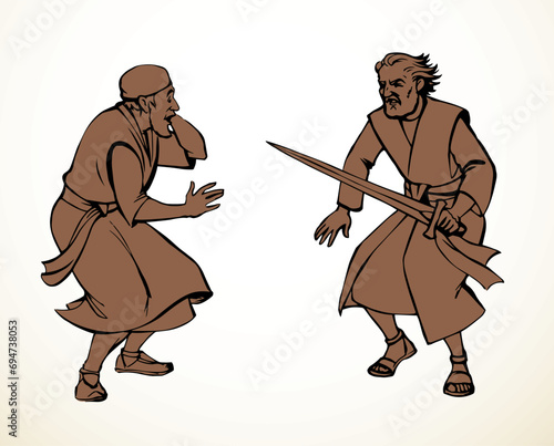 Vector drawing. Afraid man in eastern clothes