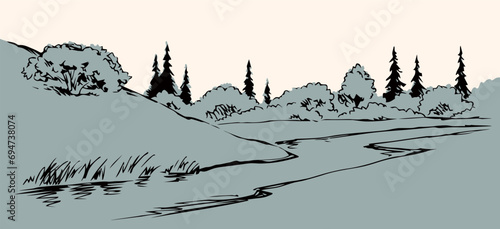 Vector drawing. Summer river scene