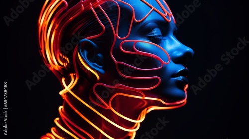 The face of a young woman in vivid neon lamps and neon light.