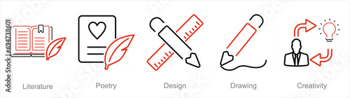 A set of 5 Art icons as literature, poetry, design