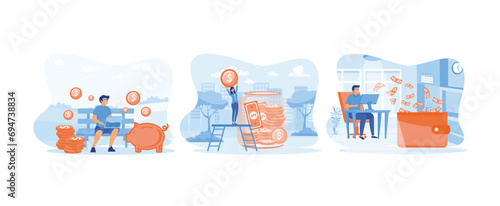 make money from internet, People saving, earning profits or high income, Making money online. Earning money set flat vector modern illustration 