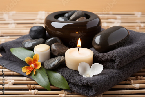 Wellness Decoration  Spa Massage Setting with Oil  Stones  and Towel for Relaxing Moments Created with Generative AI Tools