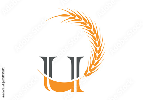 Initial U Letter with Wheat Grain for Bakery, Bread, Cake, Café, Pastry, Healthy Food, Cafeteria, Home Industries Business Logo Vector Idea