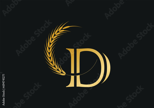 Initial D Letter with Wheat Grain for Bakery, Bread, Cake, Café, Pastry, Healthy Food, Cafeteria, Home Industries Business Logo Vector Idea