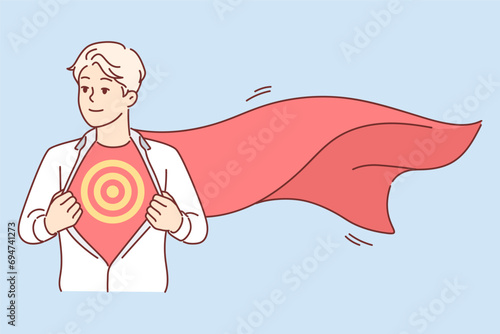 Business man with superhero cape unbuttons shirt and shows target symbolizing ambition and desire for financial success. Manager in superhero costume rushes to aid corporation employees in trouble.