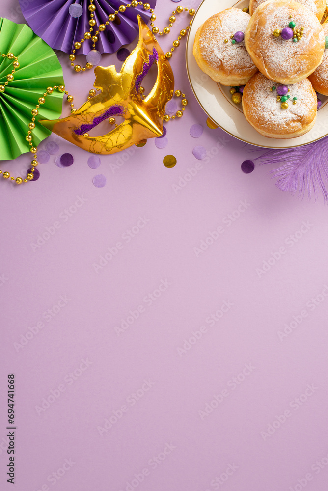 Celebration Gala arrangement: Vertical top view reveals exuberant display—festive table with carnival mask, donuts, fans, confetti, beaded garlands on purple backdrop, providing canvas for your ad