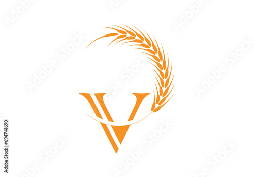Initial V Letter with Wheat Grain for Bakery, Bread, Cake, Café, Pastry, Healthy Food, Cafeteria, Home Industries Business Logo Vector Idea