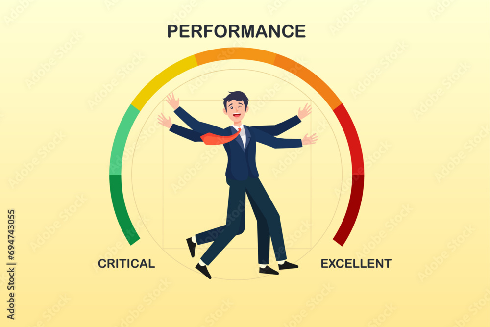 Businessman in the middle of rating gauge meter pointing to evaluate annual rating, employee evaluation, appraisal for work performance assessment, rating for performance bonus (Vector)