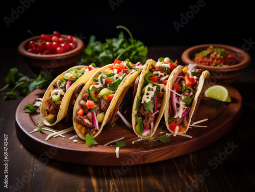 Delicious Mexican tacos with meat and vegetables. Traditional food, Latin American, Mexican cuisine. Photorealistic, background with bokeh effect. 