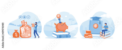 Financial education. Women saving money in piggy bank. Student investing money in education and knowledge.  Financial education set flat vector modern illustration 