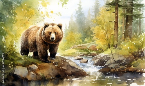 watercolor illustration brown bear living in forest