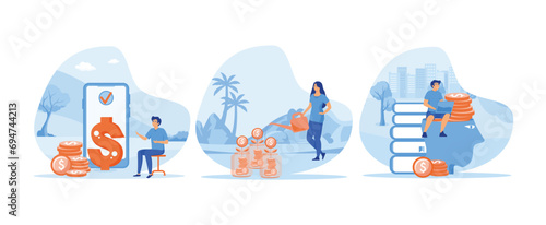 Financial literacy. People investing money in self development. People investing money in knowledge and education. Financial Literacy set flat vector modern illustration