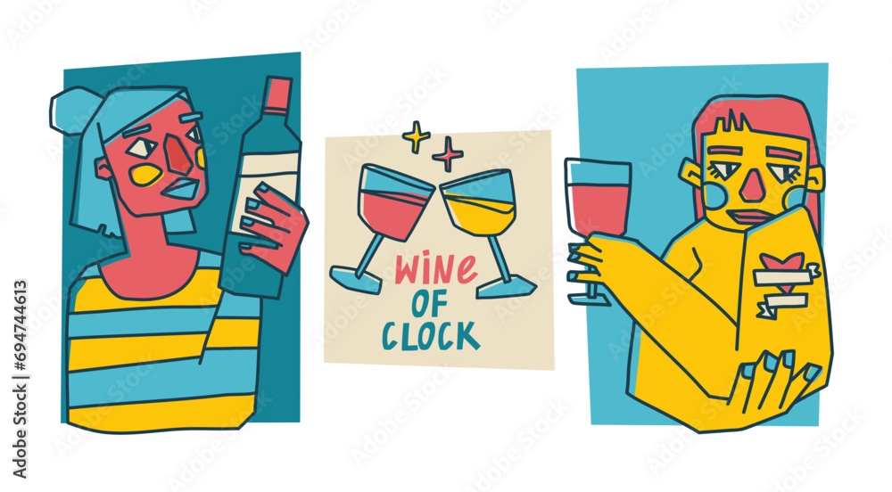 Illustration with abstract people portraits and wine. Girl with a glass of red wine. Trendy print for bar or menu. Wine of clock lettering phrase. Vector