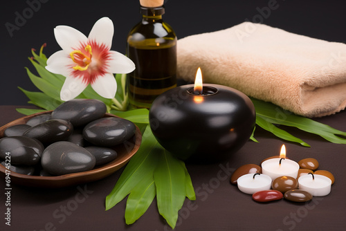 Wellness Decoration  Spa Massage Setting with Oil  Stones  and Towel for Relaxing Moments Created with Generative AI Tools