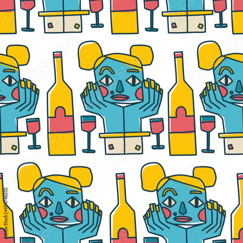 Seamless pattern with portraits and wine. Abstract background at the wine party. Trendy backdrop print for bar or menu. Vector