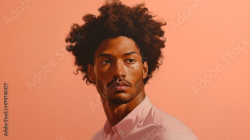 Portrait of a handsome African American male model wearing a pink shirt on an orange background. Fashion, Peach Fuzz, trends of 2024 concepts. © liliyabatyrova