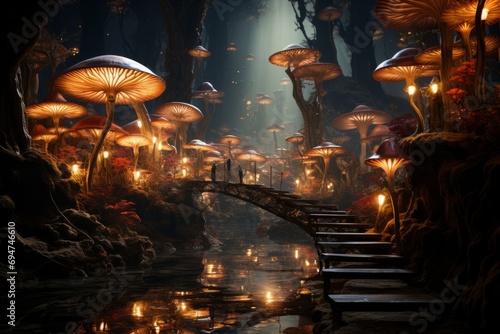 Surreal forest with glowing mushrooms and a winding path, Generative AI