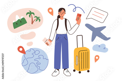Travel app hand drawn composition, planning a trip online, cartoon woman with baggage, plane, calendar, ticket icons, vector illustration of mobile phone screen, globe with location, travel agency