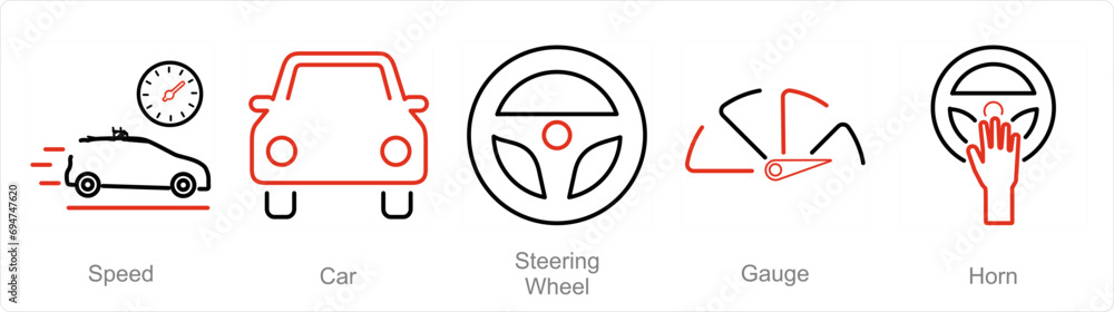 Fototapeta premium A set of 5 Car icons as speed, car, steering wheel