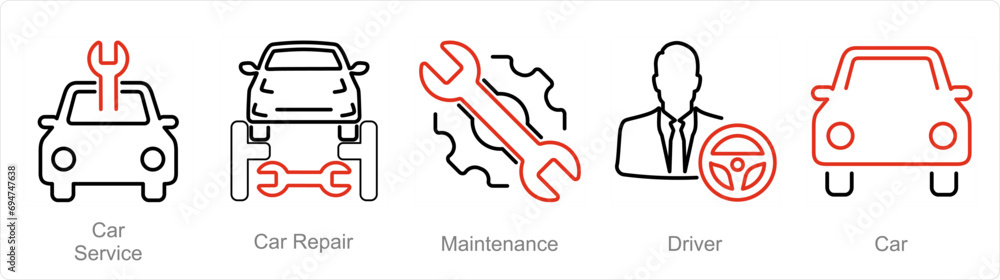 A set of 5 Car icons as car service, car repair, maintenance A set of 5 Car icons as car service, car repair, maintenance