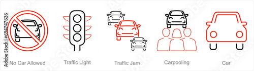A set of 5 Car icons as no car allowed, traffic light, traffic jam
